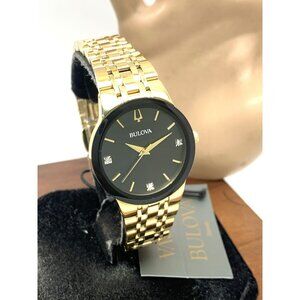 Bulova Women's Watch 97P179 Quartz Black Dial Diamond Gold Stainless Steel 30mm